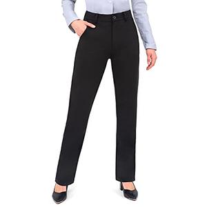 Bamans Dress Pants for Womens Work Business Pants Tummy Control Office Straight Leg Professional Trousers High Waisted Ladies Slacks Black 30" Inseam M