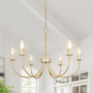 Modern Gold Chandelier, 6-Light Metal Farmhouse Dining Room Light Fixture, Candle Chandelier Light Fixtures Rustic Industrial Modern Chandelier for Bedroom, Foyer, Living Room