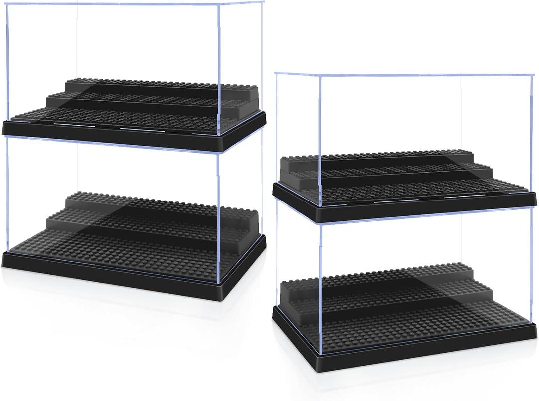 Display Cases for Minifigures, 4 Mini-Figure Display Boxes Fits for Block Figures, Minifigures Cases with 3 Removable Stands Fits for Lego 95% Minifigs, Characters and People, L, Black