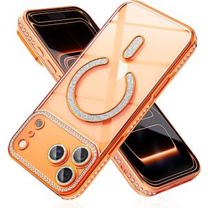 Magnetic Glitter Diamond for iPhone 17 Pro Max Case[Compatible with MagSafe]Sparkle Rhinestone Camera Lens Protector Plated,Crtstal Clear Slim Military Drop Shockproof Cover for Women,Orange