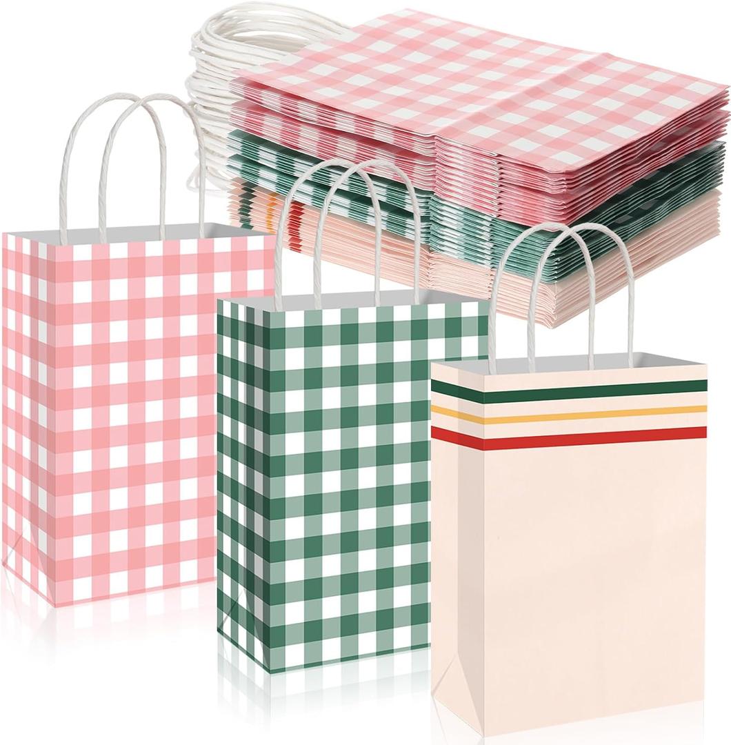 Kolldenn 36 Pcs Gingham Camp Paper Bag Gingham Party Supplies Pink Green Plaid Checkered Goodie Bags with Handle for Graduation Camp Bachelorette Baby Shower Wedding Birthday Party Favor Supplies