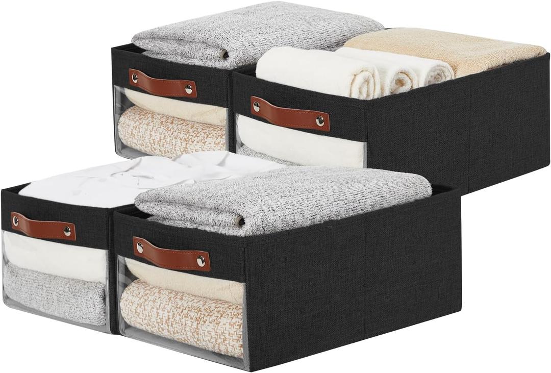 Medium Storage Baskets with Clear Window, See Through Closet Organizer with PU Handles, Linen Foldable Storage Bins for Organizing Clothes, Toys, Books (Black) (Medium-16"x11"x7")