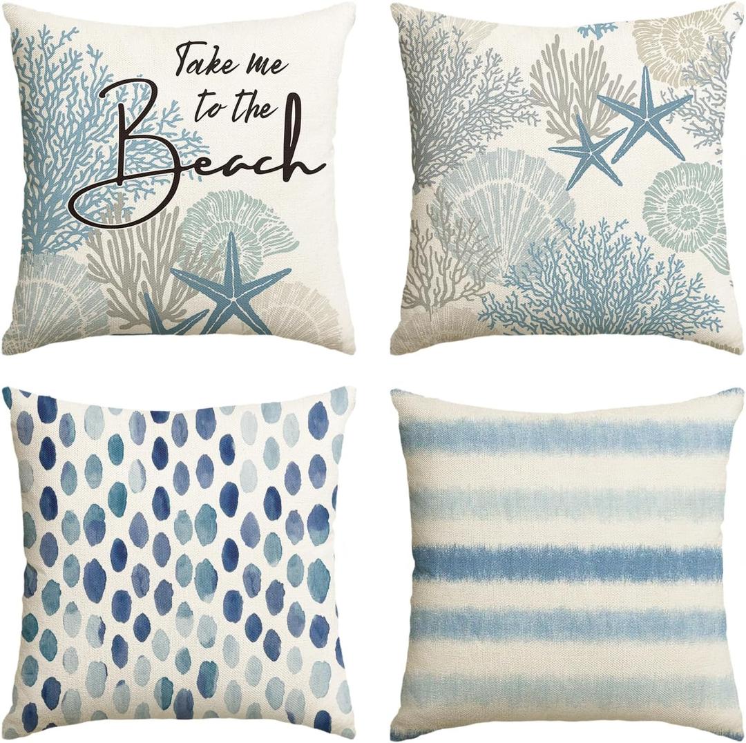 AVOIN colorlife Take Me to The Beach Summer Throw Pillow Covers, 20 x 20 Inch Blue Ocean Starfish Summer Cushion Case for Sofa Couch Set of 4