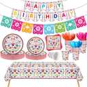 Domensi 144 Pcs Mexican Birthday Party Decoration Supplies for 20, Mexican Floral Cielito Lindo Paper Plates Napkins Cups Banner Papel Picado Tablecloth Cutlery Fiesta Birthday Tableware(White)