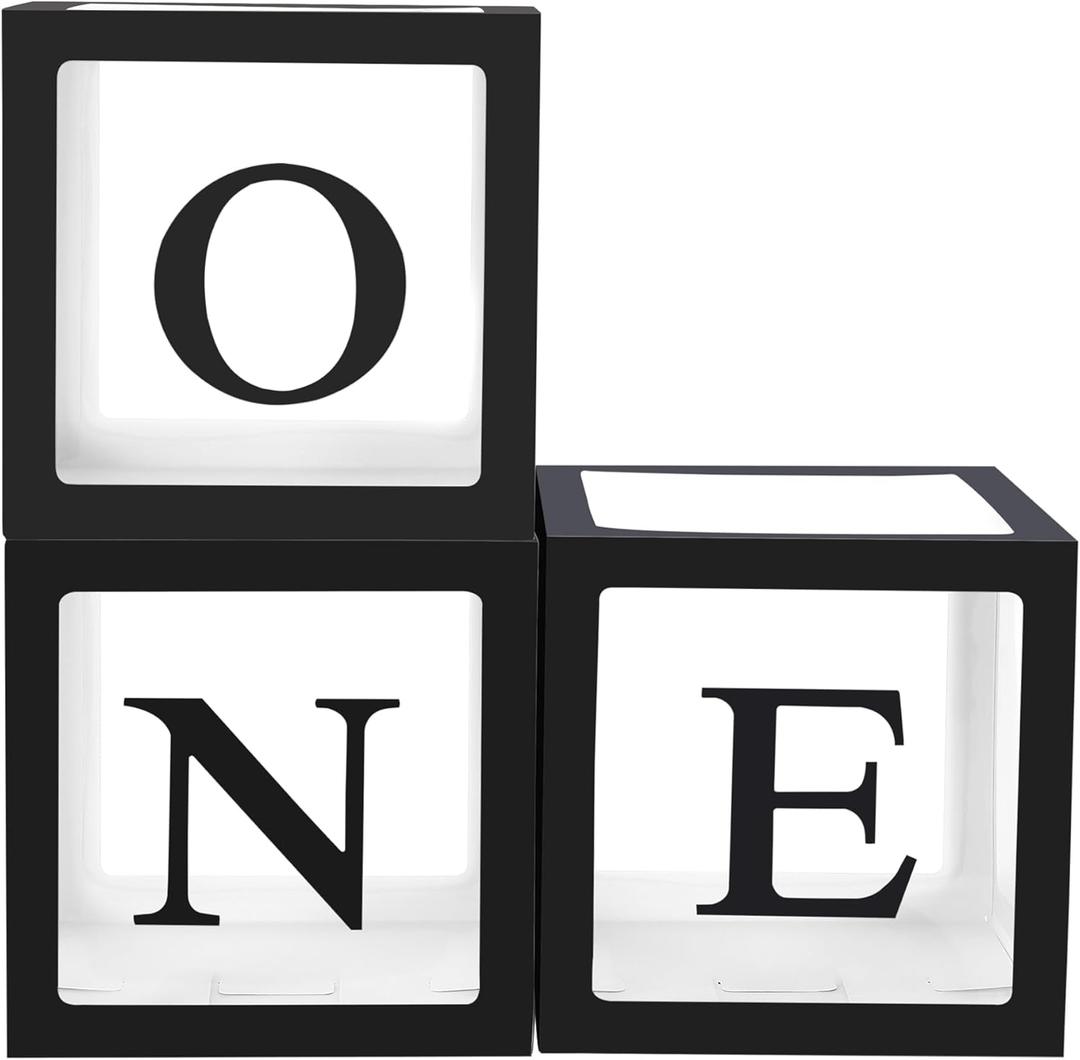 One Boxes for 1st Birthday, 3PCS Balloon Boxes Decorations for Baby Shower or Birthday Party with ONE Letters for Boys and Girls 1 Year Old Party Backdrop Props (Black)