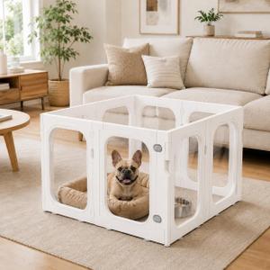 Acrylic Dog Playpen, 8-Panel Clear Transparent Puppy Playpen for Small Dogs Indoor Outdoor, Easy Assembly Foldable Pet Exercise Pen with Locking Door (White, 25.6 INCH, 8 Panels)