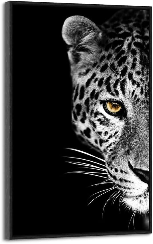 Framed Leopard Canvas Wall Art: Large Nature Wild Cheetah Print Picture Majestic Animal Portrait Painting Modern Black and White Wildlife Artwork for Living Room Office (36"L x 24"W)