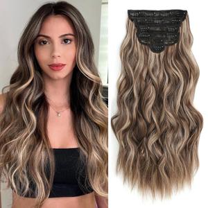 Clip in Long Wavy Synthetic Hair Extensions 20 Inch Light Brown with Blonde Highlights 6PCS Thick Hairpieces Fiber Double Weft Hair for Women