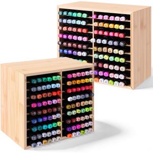 Colingmill 2 Pack Marker Organizer Storage for 126 Markers Bamboo Wood Alcohol Holder Pens Pencils Stationary Holder Art Markers Storage Rack for Home Office Desk Decor, Total 252 Marker