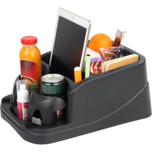 Big Plastic Console for Cars, Trucks, Minivans, SUVs with 2 Adjustable Drink Cup Holders Phone Book Holder, Back Bench and Front Seat or Floor Middle Console Universal Vehicle Organizer Black