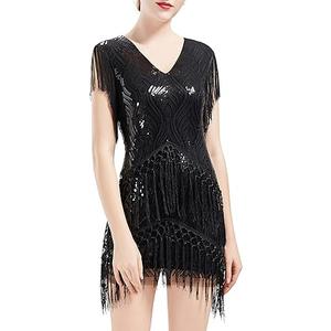 BABEYOND 1920s Flapper Dress Fringed Sequin Dress Roaring 20s Fancy Dress Gatsby Costume Dress V Neck Vintage Beaded Evening Dress, XL, Black