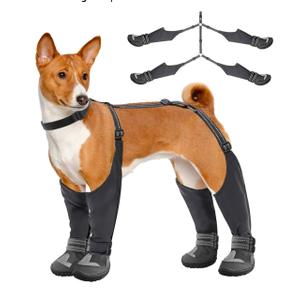Idepet Dog Suspender Boots, Tall Dog Boots Anti-Slip & Fall Waterproof Shoes Leggings, Adjustable Suspender Boots for Winter Snow Rain Hiking Paws Protector(Black, 7)