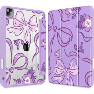 Mektron Case for iPad Pro 11 inch (4th, 3rd, 2nd & 1st Gen) 2022 2021 2020 2018, Buit in Pencil Holder with Shockproof Cover Clear Shell + Auto Wake/Sleep, Flowers-Bows-Purple