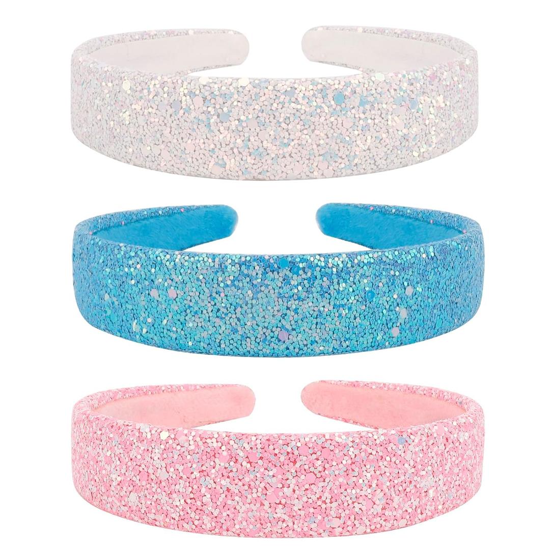 Girls Headbands Glitter Sequins Headbands for Girls Non-slip Sparkly Head band (Pink,Blue,White)