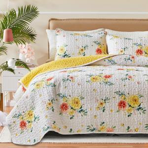 Floral Quilt Set 3 Pieces King Size White Orange Yellow Flower with Green Leaves Soft Microfiber Lightweight Summer Reversible Coverlet Bedspread for All Season -1 Quilt 102*88 + 2 Pillow Shams