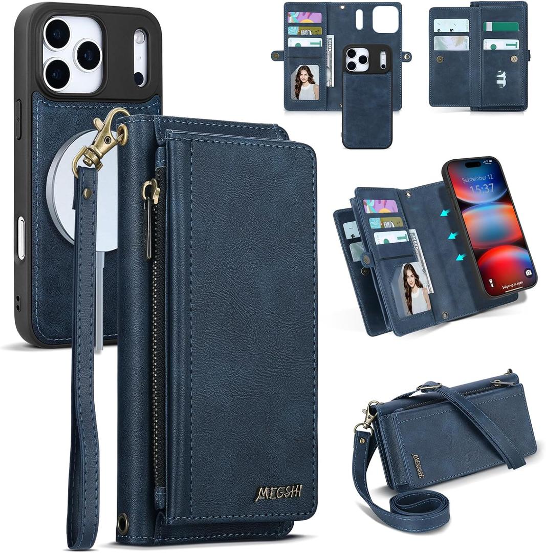 Iphone 17 Pro Max Wallet Case, Detachable Magnetic Phone Case, Faux Leather Strap Wallet, with RFID Blocking, Zipper Card Holder, Shoulder Straps (Darkblue)