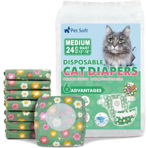 Pet Soft Disposable Cat Diapers - Diaper for Female & Male Cats, Puppy Doggie Diapers for Female Dogs with Adjustable Foam Tail Hole, Medium (24Pcs, GN Flowers)