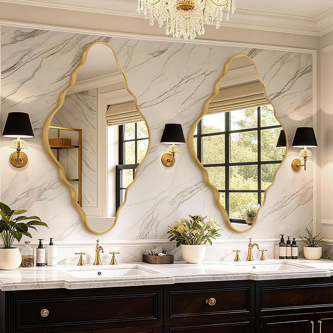 Dorlicecass Vintage Gold Scalloped Mirror 36"x20" Irregular Wall Mirror,Abstract Asymmetrical Brushed Aluminum Alloy Frame,Decorative Antique Wall Mirrors for Bathroom,Bedroom,Living Room,Entryway x1