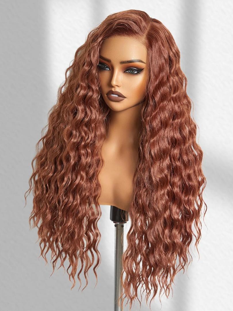 GORGIUS Ginger Brown Ocean Wave Wig Pre Cut Glueless Synthetic Lace Front Wigs Side Part Long Wig For Women 28 Inch