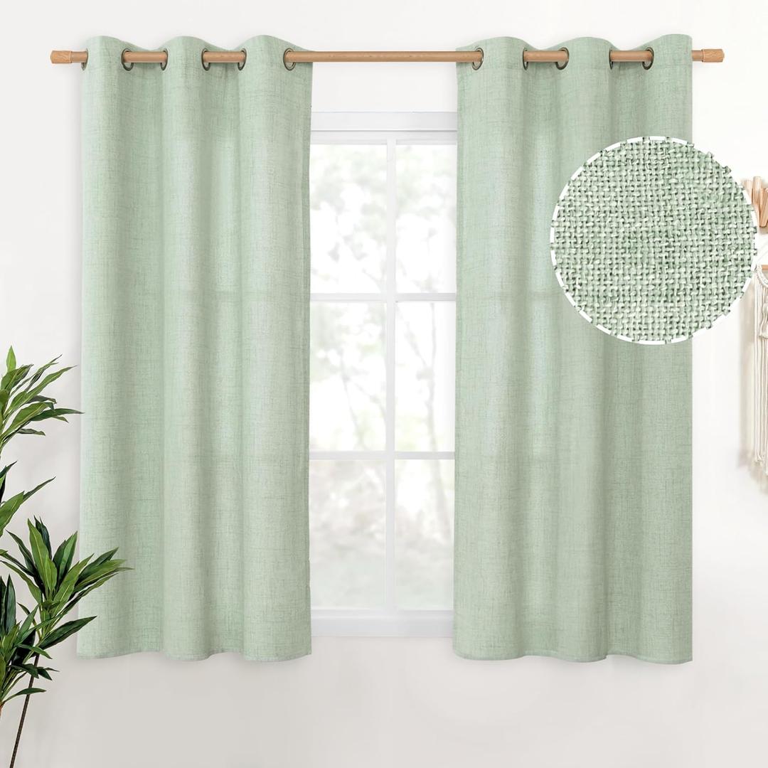 YoungsTex Sage Green Linen Curtains 45 Inches Length for Kitchen Window, Textured Semi Sheer Drapes with Bronze Grommet Light Filtering for Bathroom Cafe Bedroom, 42 x 45 Inch, 2 Panels