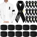 50 Pcs Mourning Ribbon Pins Black Funeral Memorial Ribbon Pins and 25 Pcs Funeral Mourning Arm Bands Forever in Our Heart Classic Elastic Armband for Funeral Memorial Condolence Respect Event
