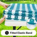 Rectangle Vinyl Table Cloth, Waterproof Elastic Fitted Tablecloth with Flannel Backing, Plastic Table Cover for Picnic, Camping, Outdoor (White & Turquoise, 30"x60")