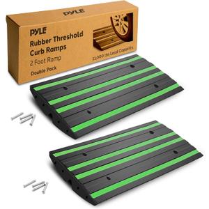 Pyle 2 Ft. Rubber Threshold Curb Ramp Set, Green Reflective Strip for Driveways, Non-Slip Marine Grade Rubber, Pack of 2 Heavy Duty Car Ramps for Trucks, RVs, Forklifts, 24.0x 16.0 x 2.6 Inches