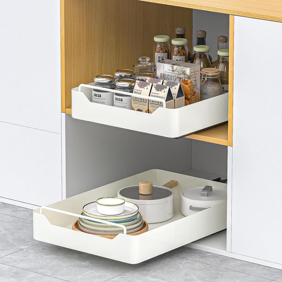 KMC Cabinet Pull-Out Organizer  No Screw, Double Layers Drawers, Peel & Stick Sliding Pantry Shelf  Kitchen Pullout with Home Adhesive