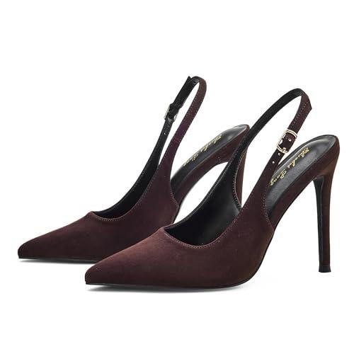 Elisabet Tang Women's Elegant 4.1 in Pumps Sexy Closed Toe Stilettos Classic Pointed Toe Heels Adjustable Sling back Daily Party Work Shoes Brown Size 8.5