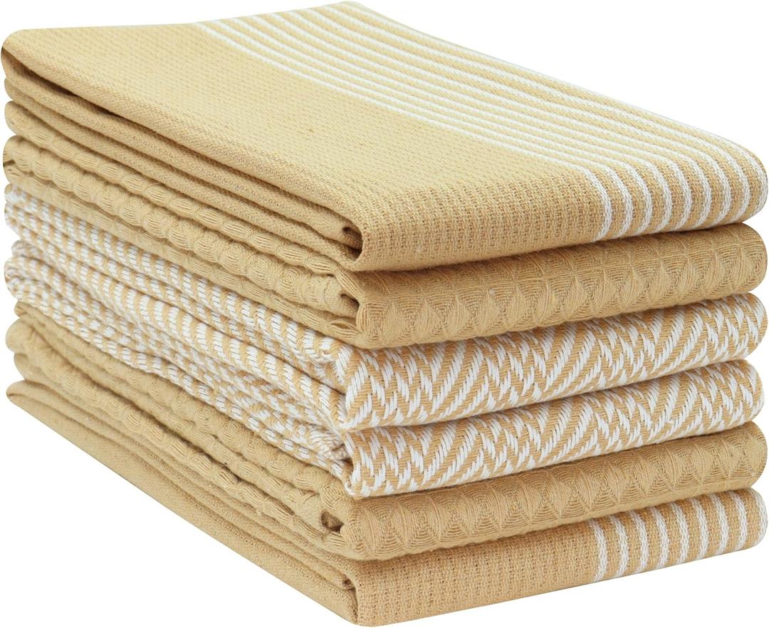 PurpleEssences 6-Pack Kitchen Towels - 15x25 Inch 100% Cotton Waffle Weave - Absorbent, Reusable Dish & Hand Towels with Hanging Loop for Home & Bar Use Fall Thanksgiving - Assorted - Tan