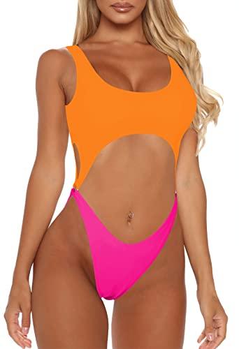 Sovoyontee Women's Sexy One Piece Swimsuits Cheeky Thong Bikini Bathing Suit Cut Out Monokini Orange & Pink S