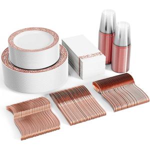 FOCUSLINE 350 Ct Rose Gold Dinnerware Set for 50 Guests, Rose Gold Lace Plastic Plates Disposable Heavy Duty, Including 50 Dinner & Dessert Plates, Cups, Napkins, Cutlery Set