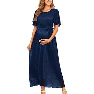 AISWI 2025 Maternity Sparkly Mesh Maxi Flowy Dress with Belt Ruffle Sleeves Pregnant Long Dress Baby Shower Photoshoot Formal, Navy Blue, Large