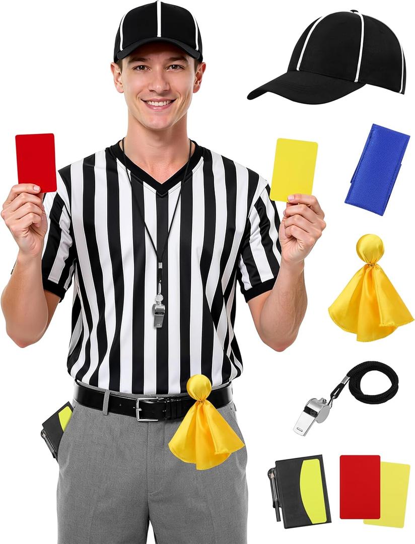 SOMSOC 6Pcs Referee Costume Set, V-Neck Referee Shirt Cards Hat Penalty Flag Whistle Sandbag for Football Soccer (Large, Black and White)