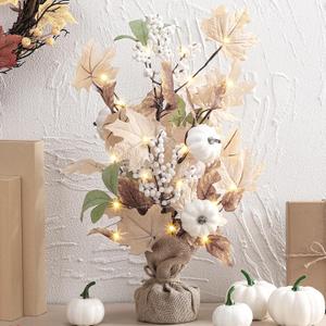Thanksgiving Maple Leaf Pumpkin Tree Table Decor, 18 Inch Lighted Thanksgiving Artificial Tabletop Centerpieces Neutral Fall Decor for Home Outdoor Indoor Holiday Party