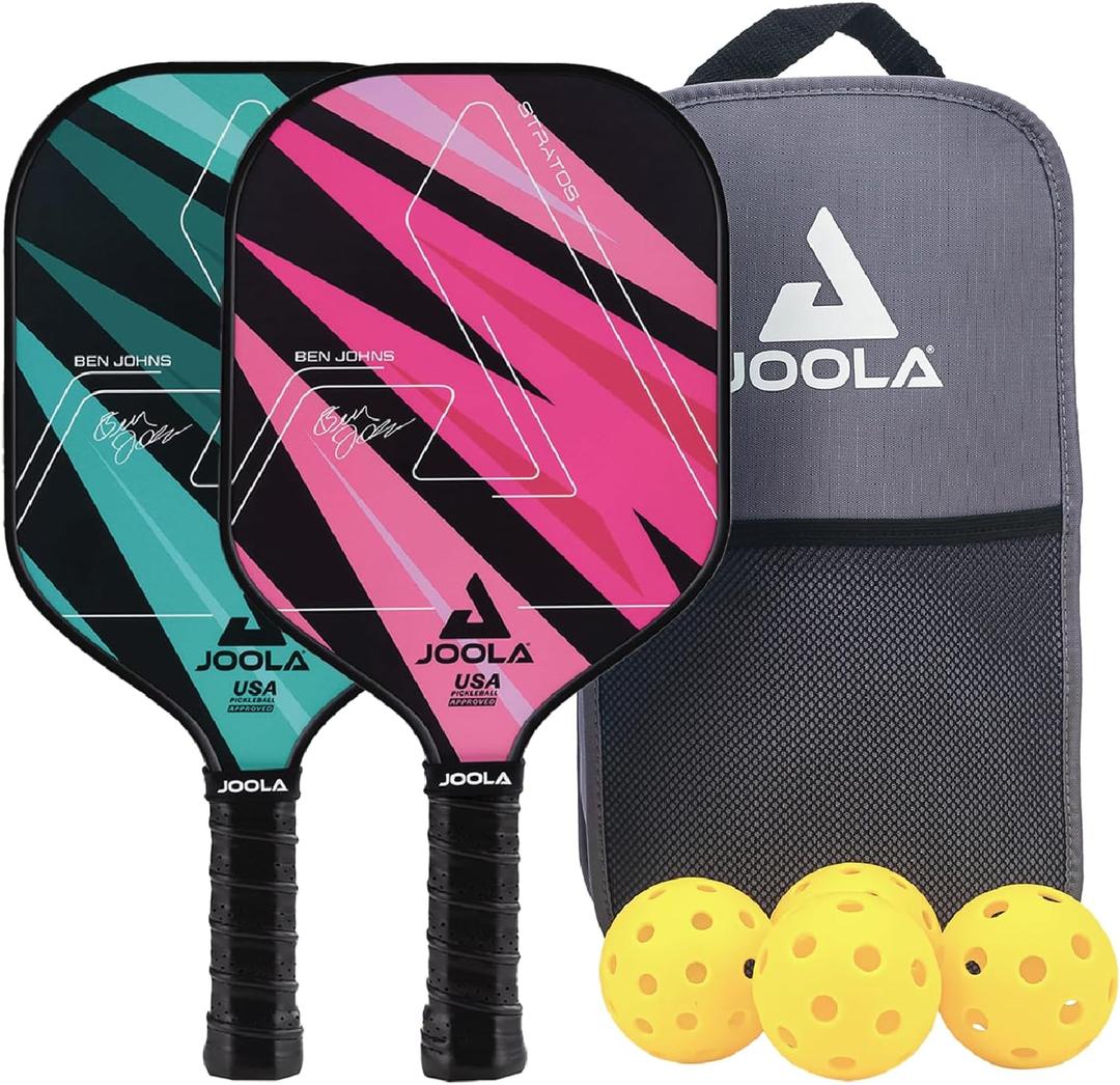 JOOLA Pickleball Paddles Set of 2  Multiple Colors - Reinforced Fiberglass Surface  Lightweight, Durable, Beginner-Friendly Racket Design  Set Includes Balls & Bag  USAP Approved (Set | Teal/Pink)