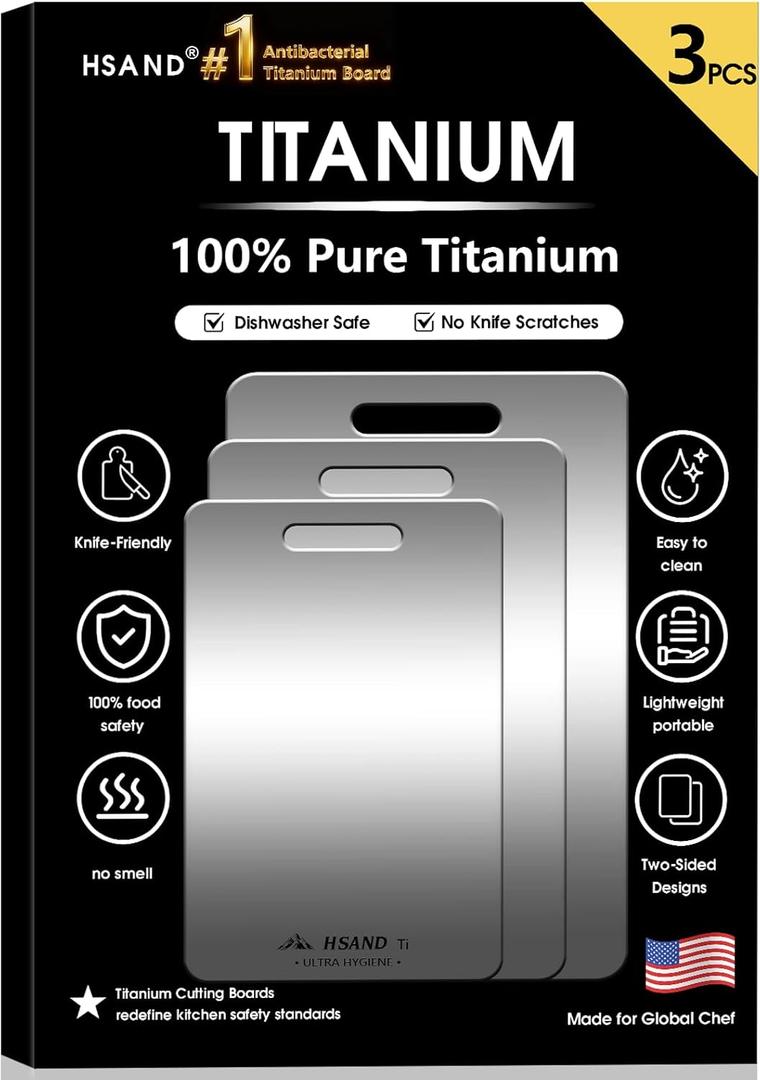 3-Pack Titanium Cutting Boards for Kitchen, Non-Slip & Double-Sided Design, 100% Pure Titanium Food-Grade Non Toxic Cutting Board, Knife-Friendly, Dishwasher Safe (12"x9"+14"x10"+18"x12")