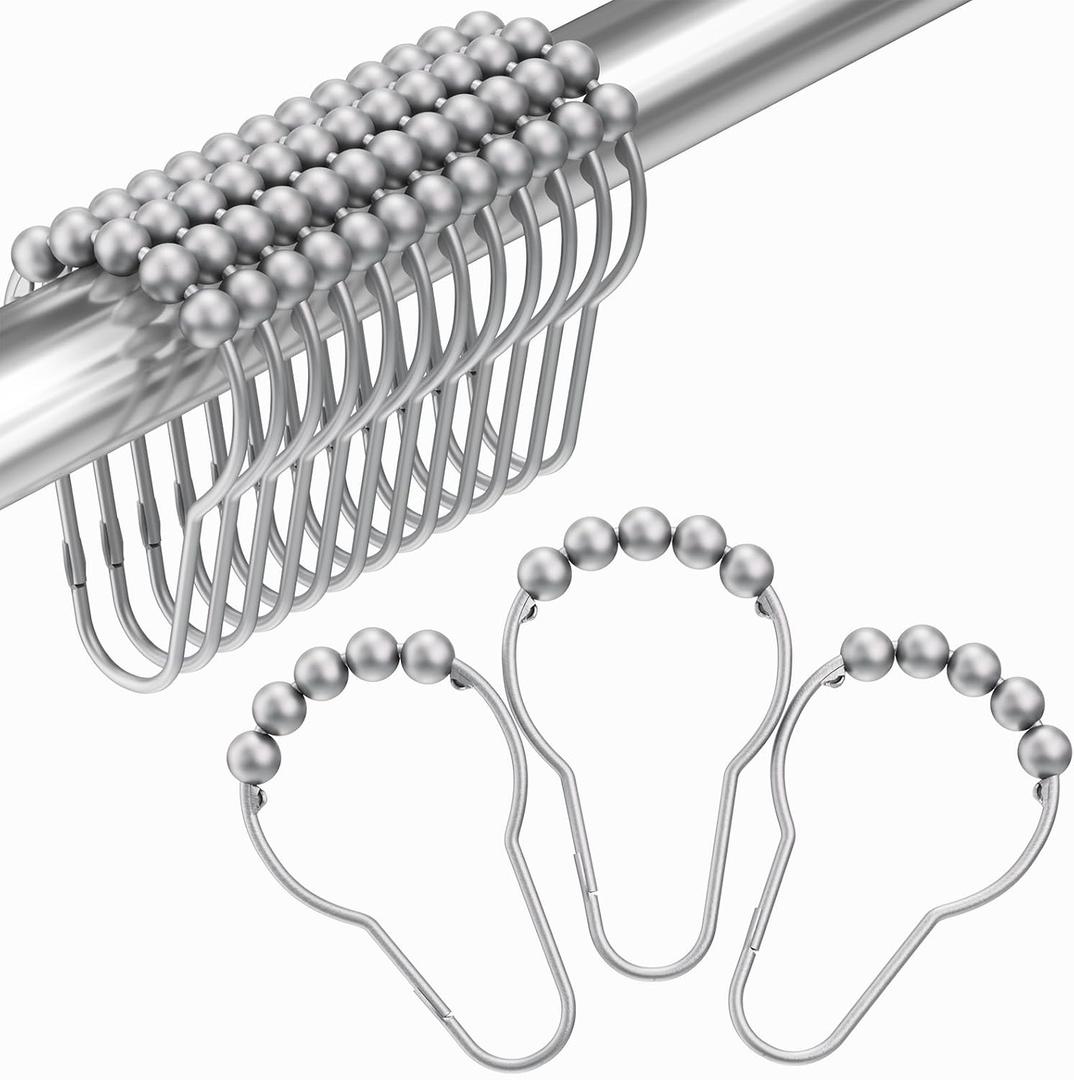 Amazer Shower Curtain Hooks, Decorative Shower Curtain Hooks Rust Proof Stainless Steel Shower Curtain Hooks, Shower Hooks for Shower Curtain Bathroom 12PCS, Space Silver