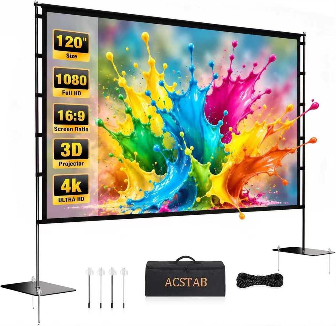 120 Inch Outdoor Projector Screen with Stand - Portable Projector Screen Outdoor Indoor Projection Screens 16:9 4K HD Movie Screens with Carry Bag Can Enjoy Home Theater Projection Screens