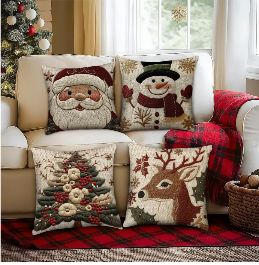 PICKFORU Christmas Throw Pillow Covers 18X18 Set of 4,Christmas Tree Santa Claus Snowman Reindeer Winter Holiday Cushion Case, Xmas Decorative Pillow Cases, Outdoor Living Room Pillow Covers