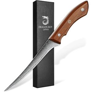 DRAGON RIOT Damascus Boning Knife 6 inch, Professional VG-10 Steel Japanese Fillet Knife, Flexible Deboning Knife,Kitchen Trimming Knife with Ergonomic Wood Handle, Premium Gift Box