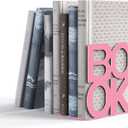 Book Ends - Decorative Metal Book Ends Supports for Bookrack Desk,Books, Unique Appearance Design,Heavy Duty (Pink, 4 Pair)