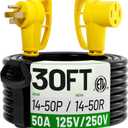 POWGRN NEMA 14-50P to NEMA 14-50R 50 Amp RV/EV Extension Cord 30 FT Outdoor with Grip Handle, Flexible Heavy Duty RV Power Cord Waterproof, 50A 125/250V 6250/12500W STW, Black-Yellow, ETL Listed