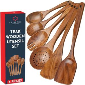 Teak Wooden Utensil Set 6-Piece - Smooth Finish Wooden Spoons for Cooking - Comfortable Grip, Non Scratch Premium Kitchen Wooden Cooking Utensils Set Teak Wood Cooking Utensils