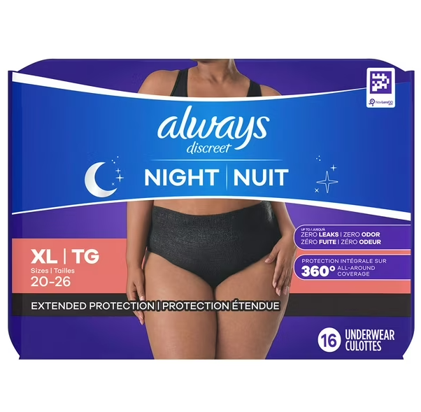 Always Discreet Adult Incontinence Overnight Underwear for Women, Extra Large, Up to 100% Bladder Leak Protection, 16 Count