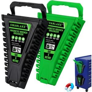 2-Piece Magnetic Wrench Organizer, Metric & SAE Portable Plastic Wrench Holder, 24-Slot Total, Foldable Carrying Handle for Wall-Mounted, Easy-Open Lock Cover, Wrenches Storage Rack Tool for Tool Box