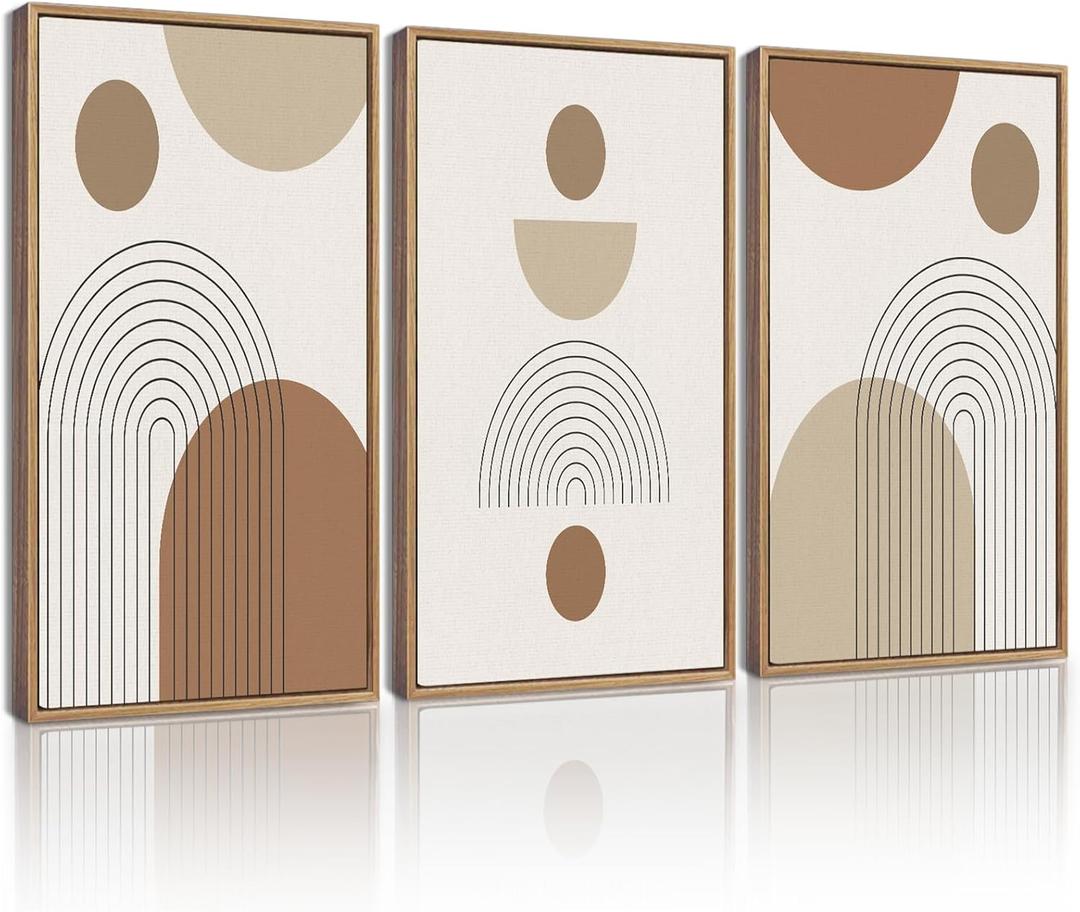 KUVIOKE Botanical Boho Framed Wall Art Modern Bohemian Plants Wall Decor Natural Brown Geometry Lines Prints Artwork for Living Dining Room 16x24in (Natural Framed) (24L" x 16W" x 3 Panels Natural)