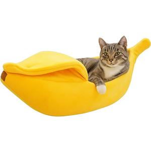 Banana Cat Bed for Cats & Small Dogs Funny Yellow Plush Pet Cave, Indoor Hideaway for Kittens, Puppies, and Small Pets