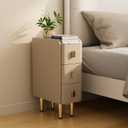 Narrow Nightstand with Drawers, Narrow Side Table Leather, Small Bedside Tables for Bedroom. (Beige) (7.8"W x 15"D x 22.8"H)