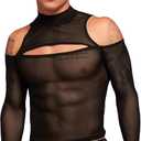 WDIRARA Men's Cut Out Front Mesh Sheer Mock Neck Long Sleeve Bodycon Party Blouse Tops (Medium, Black)